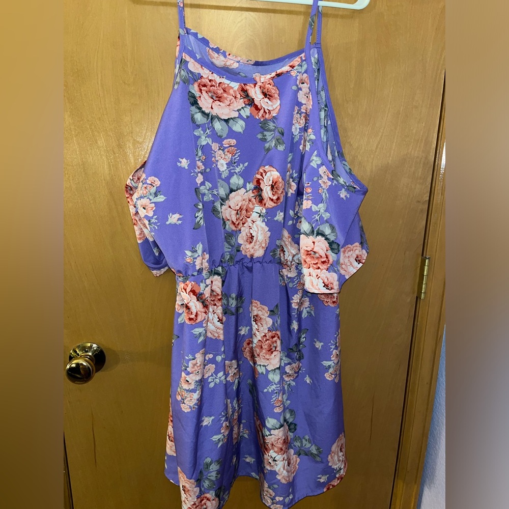 Purple Women's Plus Floral Print Cold Shoulder Round Neck Midi Dress 3XL